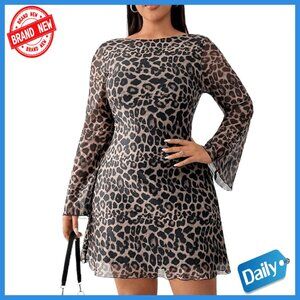 Plus Size Leopard Print Backless Mini Dress Bell Sleeve Party Cocktail